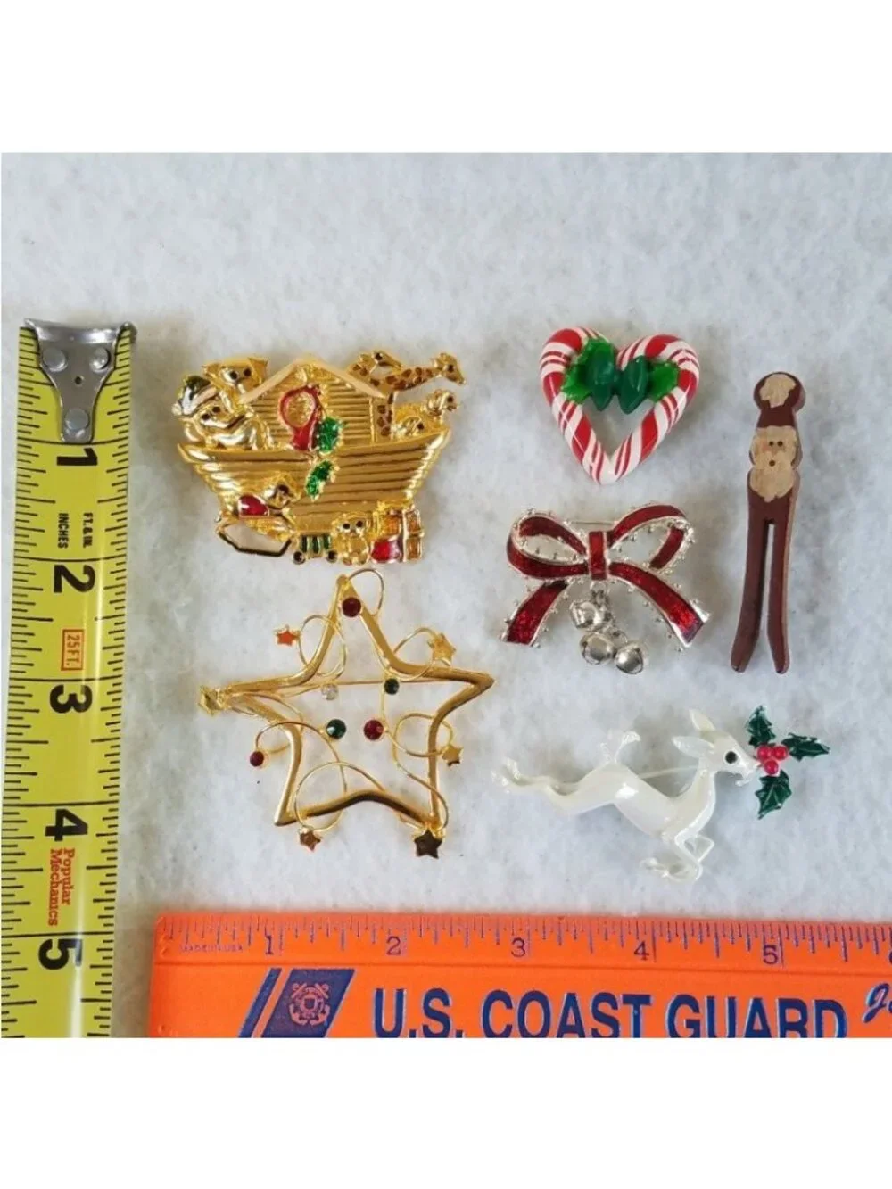6 Christmas Holiday Brooches Pins Gold Tone Enamel Rhinestone Noahs Ark Deer